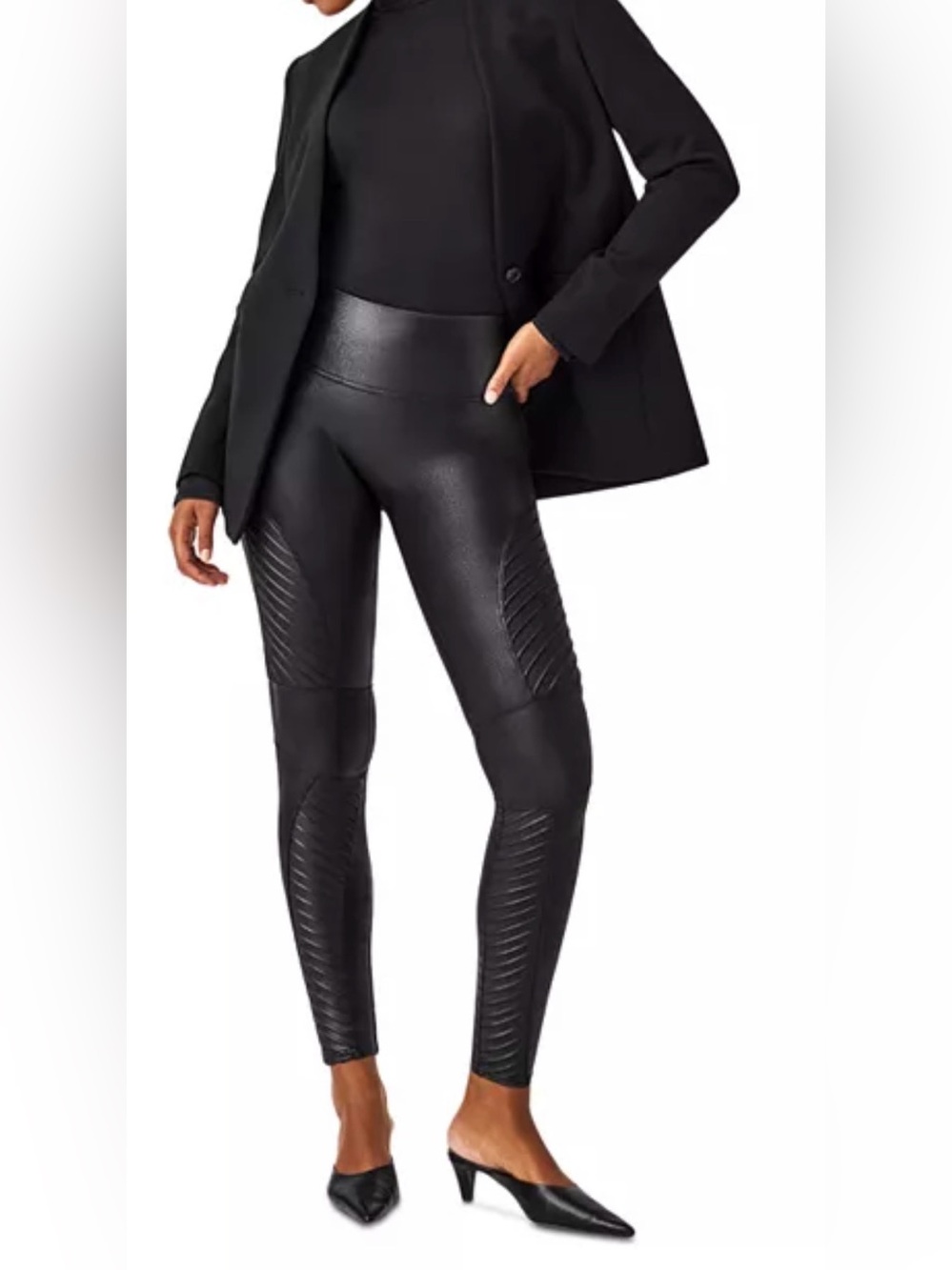 SPANX Black Faux Leather Moto Leggings with Quilted Panels